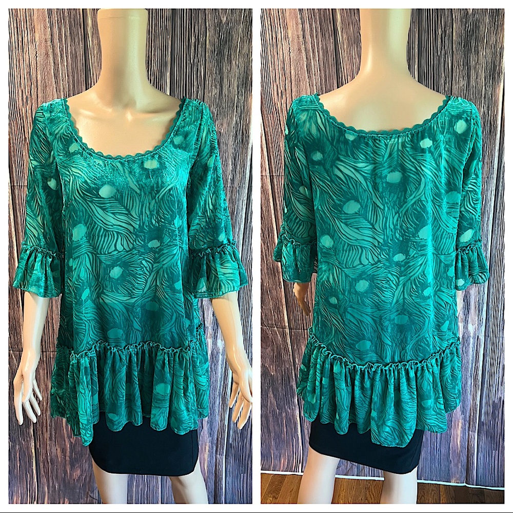 Free People sz small green boho velvet sheer floral plants pattern flowy top